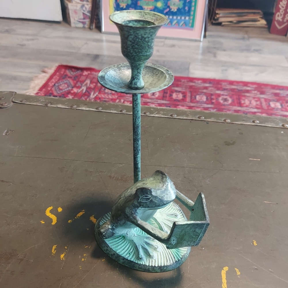Archana Crafts Verdigris Bronze Frog Reading Book Candlestick Holder India 7in